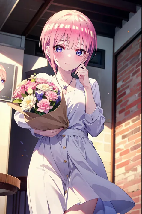 ichikanakano, ichika nakano, short hair, bangs, blue eyes, Hair between the eyes, smile,Pink Hair,,smile,blush,白色No sleeveドレス,Long skirt,White stiletto heels,No sleeve,naked,nakedの腕,nakedの首,nakedの鎖骨,holding a large bouquet of flowers in each hand,Locket Ne...