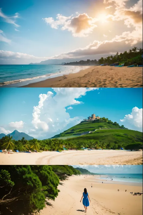 8K,超美people(Like the real thing), Blue sky and white clouds with warm sunshine, Smiling and gazing into the distance, The fine grains of sand on the beach sparkle in gold., The wind is accompanied by small waves. The distant island is surrounded by greener...