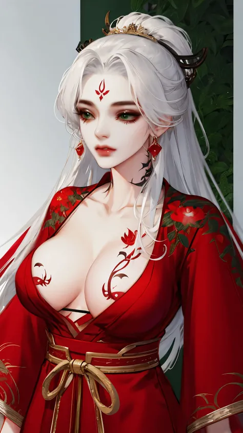 the Extremely Detailed CG Unity 8K Wallpapers，tmasterpiece，Best picture quality，1girl，(mature female),bad-girl，white hair，kanzashi, closed mouth,(((red dress))), Hanfu，Chinese style，medium breasts,closeup cleavage,(((breast tattoo))), ((Green walls))，snow,...