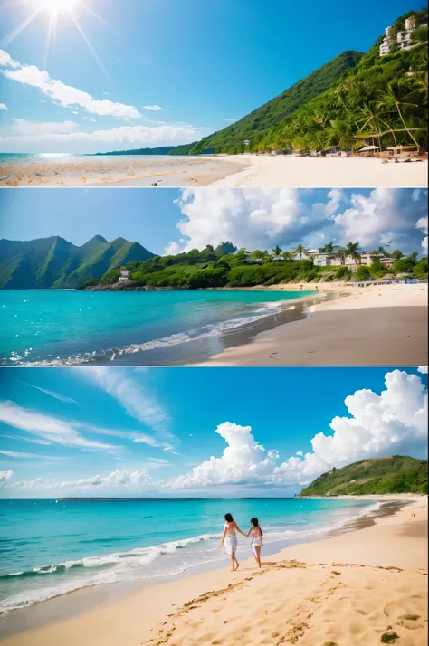 8K,超美people(Like the real thing), Blue sky and white clouds with warm sunshine, Smiling and gazing into the distance, The fine grains of sand on the beach sparkle in gold., The wind is accompanied by small waves. The distant island is surrounded by greener...