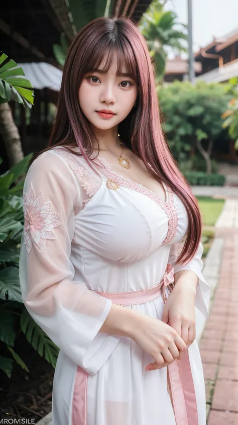 Gorgeus Girl, Beautiful, Baby Face, 20 Years Old, White Skin, Colossal Breasts, Pose, (Kebaya), Indonesian Kebaya, Brown Retina, Muscles, Bokeh, Indonesian Culture Background, Masterpiece, Portrait, Straight Pink Hair, Perfect Lighting, HDR