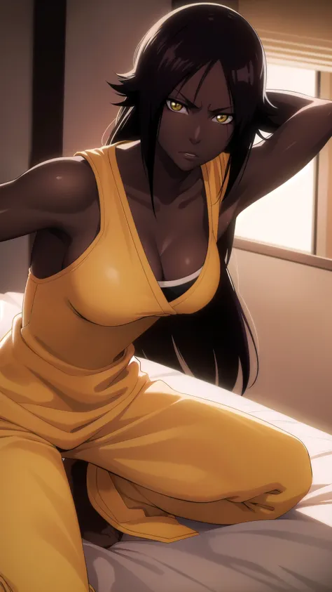 erotic girl, depth of field, cinematic lighting, realism, full body, dark skin, brunette skin tone, yellow eyes, 1girl, Yoruichi_Bleach, yellow eyes, ((Yoruichi Shihouin)), in her room, wearing orenge pajamas, cleavage, deep cleavage, perfect eyes, masterp...