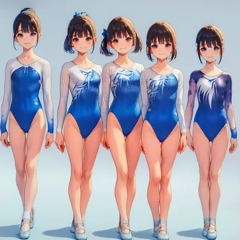 gymnastics club,(4 girls:1.3),(long sleeves leotard:1.3),(brocade pattern leotard:1.3),(white leotard),full body, pony tail, blu...