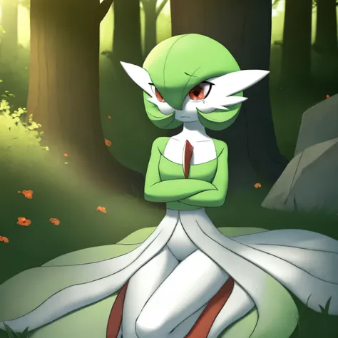 best quality, gardevoir, pokemon, short height, red eyes, green hair, sad, crying, slim, slender body, skinny legs, looking at v...