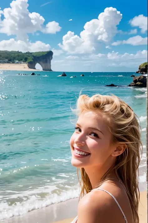 8K,Blonde woman looking at the sea,1 超美people(Like the real thing), Sharpening of facial expressions,Blue sky and white clouds with warm sunshine, Smiling and gazing into the distance, The fine grains of sand on the beach sparkle in gold., The wind is acco...