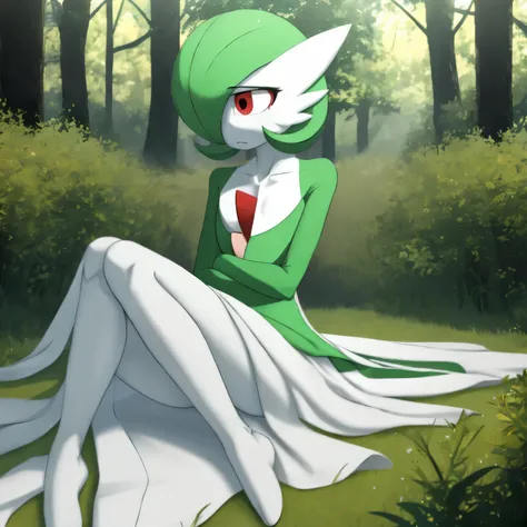 best quality, gardevoir, pokemon, short height, red eyes, green hair, sad, crying, slim, slender body, skinny legs, looking at v...