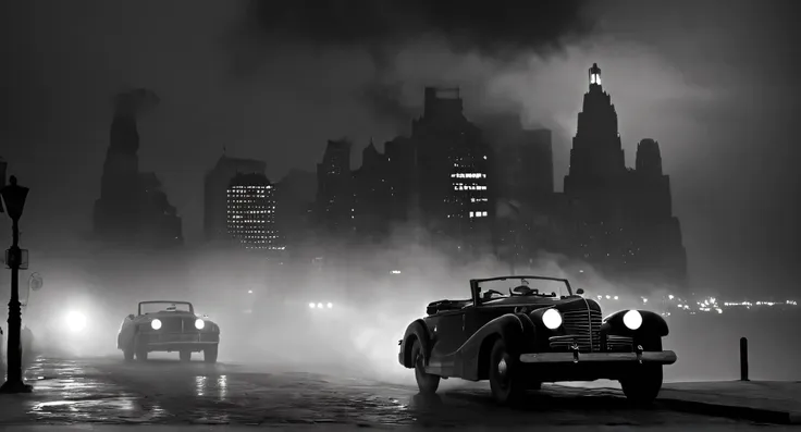 film noir style, classic film noir style a black and white photo of a city skyline,cinematic,film,hollywood,crime,drama,dramatic...