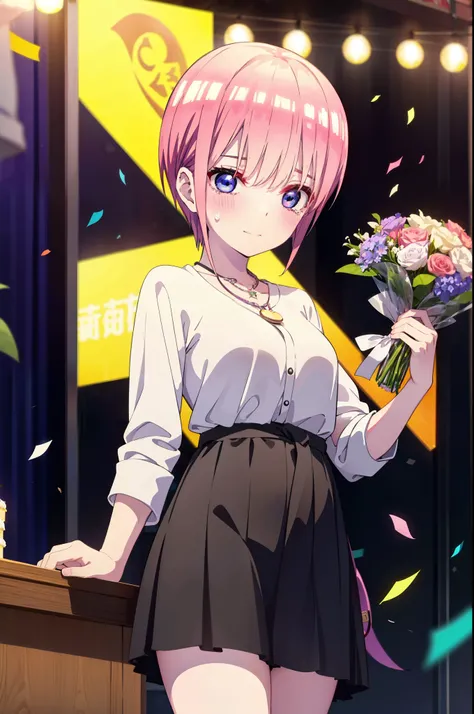 ichikanakano, ichika nakano, short hair, bangs, blue eyes, Hair between the eyes, smile,Pink Hair,,smile,blush,白色No sleeveドレス,Long skirt,White stiletto heels,No sleeve,naked,nakedの腕,nakedの首,nakedの鎖骨,holding a large bouquet of flowers in each hand,Locket Ne...
