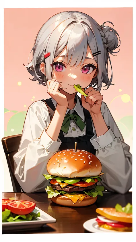 (highest quality,high resolution,very detailed),hamburgerを食べる, short silver bob hair tied in a bun with a hair clip, pink eyes, ...