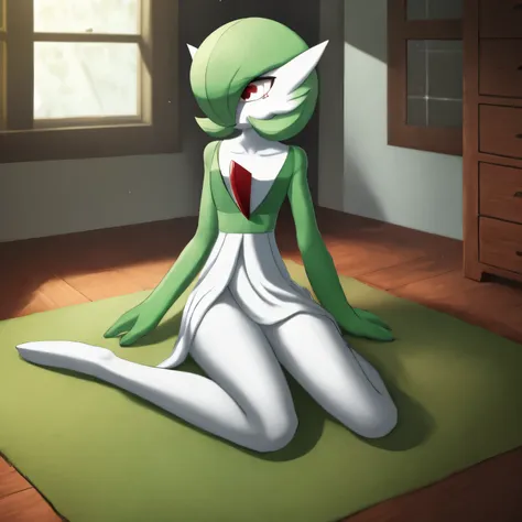 best quality, gardevoir, pokemon, short height, red eyes, green hair, sad, crying, slim, slender body, skinny legs, looking at v...