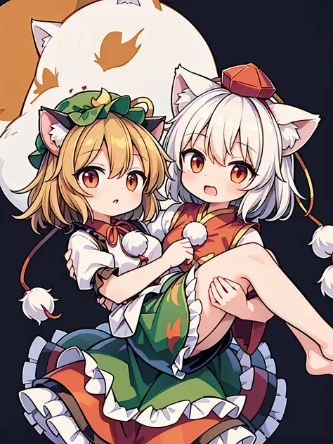 Masterpiece,Best quality, ultra detailed,anime style ,,(((touhou project))),(two girls)）,(((Momiji inubashiri))), wolf girl,(((Chen))), cat girl,((Princess carry , Bridal carry)), Momiji is white wolf tail,Chen is black cat tail,momiji is white very short ...