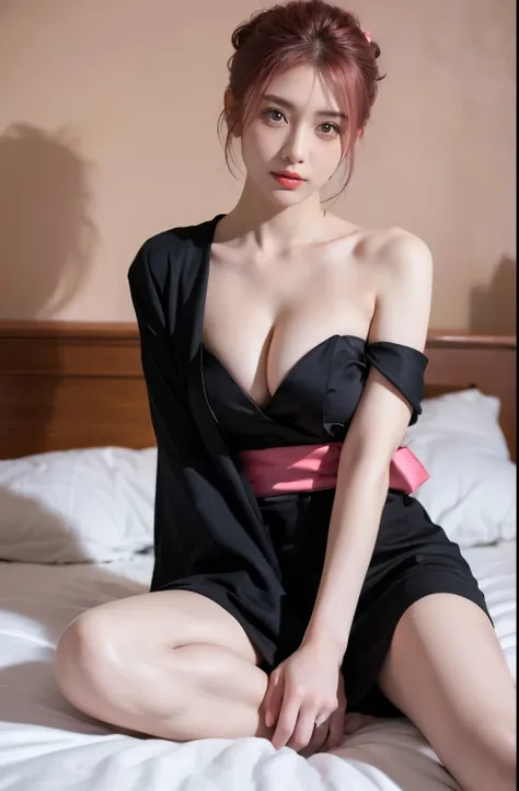 21yo girl, pink hair, (updo Hair). Wearing black kimono, show shoulders, cleavage, show big thigh, natural big brseast, sitting on the bed.