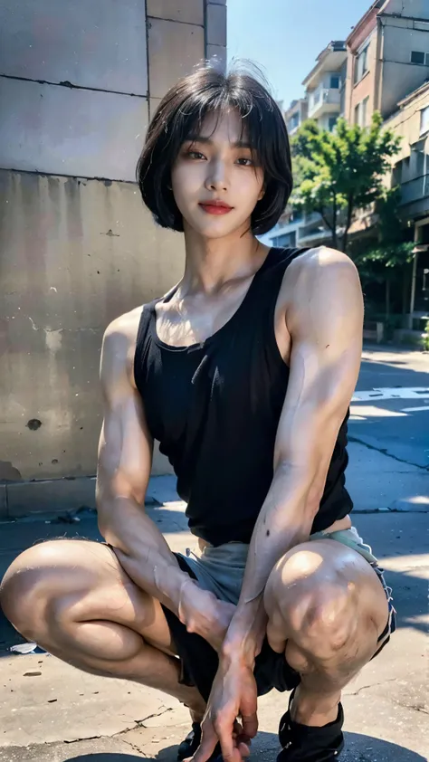 Realistic photos, 8k,Crouching,body is male,A woman with a beautiful face,17 years old,(((Bob cut ladyboy,transgender,otokonoko,Male chest,No bulge in the chest))),((Full body view,Flat Chest,Very muscular,Body fat percentage10％,Muscles like athletes,Macho...