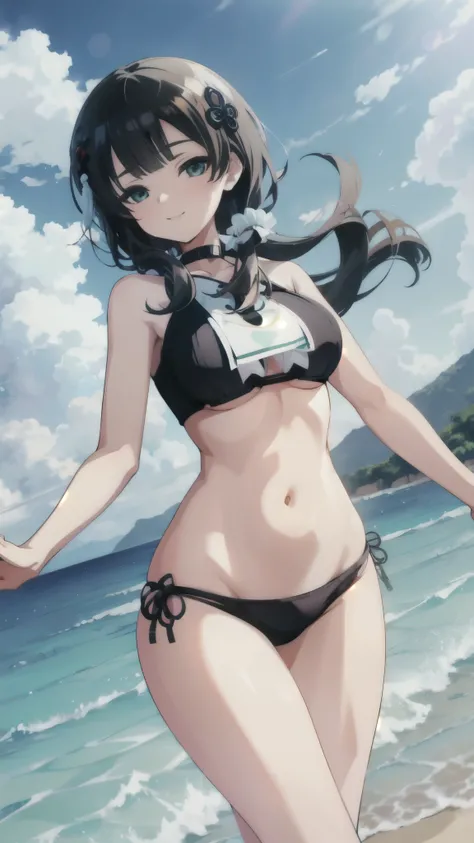 masterpiece, best quality, absurdres , perfect anatomy ,wang yujia, smiling , (((busty))), ,1girl, sensual body, Her cheeks flushed, black hair, swimsuit, Forward bend , looking at me , beach