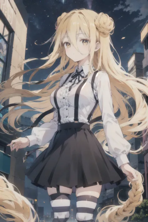 mmukuro,blonde hair, double bun, very long hair, long bangs, hair between eyes, (suspender skirt:1.4), black skirt, white shirt,...