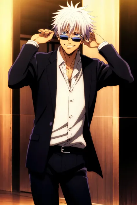 Best quality, gojo satoru ruffling his hair , elegant pose , suit , sunglasses , wink , teasing smile 