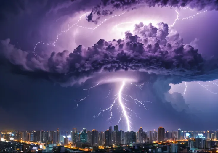 Crystal Cloud、Giant Tornado, Lightning strikes、skyscraper、Atmospheric perspective, 8k, Wide-angle lens、Super Detail, Accurate, highest quality, Purple Lightning、Sharp images、High color reproducibility、Attention to detail、live-action、Alluring、