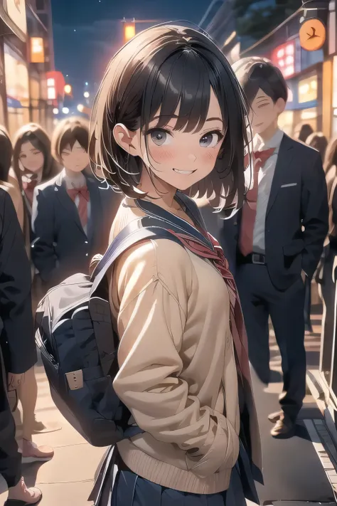 8k, masterpiece, highest quality, One Girl, Medium Long Bob, The background is Tokyo at night, Blue neon town, Love Hotel District, A girl standing in the center of town, More backgrounds, A crowd of couples in the background, The subject is very small, Th...