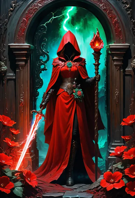 A painting of a beautiful red-robed female death standing in front of，Door of hell，Blooming bloody ghost flower，soul，Charm，frivolous，mystery，Magic Sword，Heavy Metal Style，Metal Art，The flowers made of iron have a metallic luster，Metal texture in the post-i...