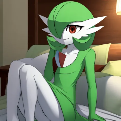 best quality, Gardevoir, pokemon, short height, red eyes, green hair, happy, cheerful, small smile, small mouhth, wink, slim, cute, slender body, skinny legs, looking at viewer, blurry background, indoors, in house, full body, slim, ((masterpiece)), best q...