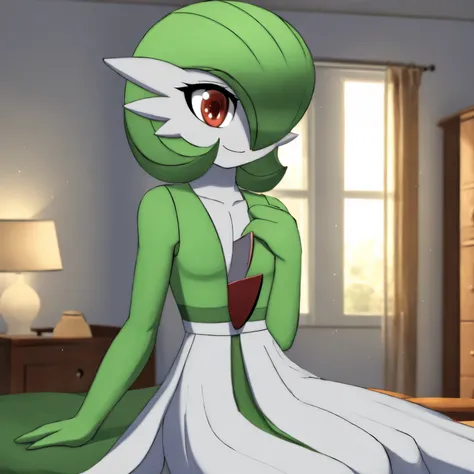 best quality, gardevoir, pokemon, short height, red eyes, green hair, happy, cheerful, small smile, small mouhth, wink, slim, cu...