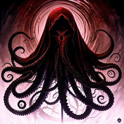 dark illustration evil octopus with black hood in a sea of blood background, incredible details, draw, fog, creep