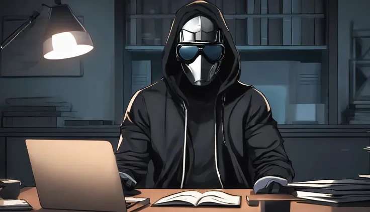 anime n stoic friendly looking male business character wearing a black face mask a grey hoodie and shades. he is sitting behind his laptop in his office arms on his desk .it is night the room has volumetric lighting he is front facing to the camera looking...