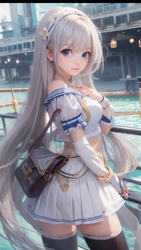 ((highest quality)), ((masterpiece)), ((1 girl)), alone, ferry, ((long hair)), ferryBase, ((Thighhighs)), bare shoulders, ((jewelry)), ((No sleeve)), white dress, blue skirt, ((gloves)), thigh height,