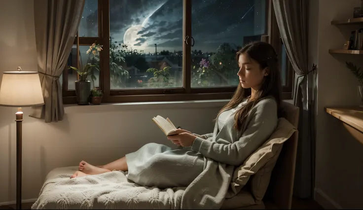 (best quality,highres),detailed drawing,pattern details,comic book style,beautiful girl reading a book,soft lighting,open bedroom window,full moon,nighttime ambiance,cozy atmosphere,colored pencil rendering,curtain blowing in the wind,vibrant colors,peacef...