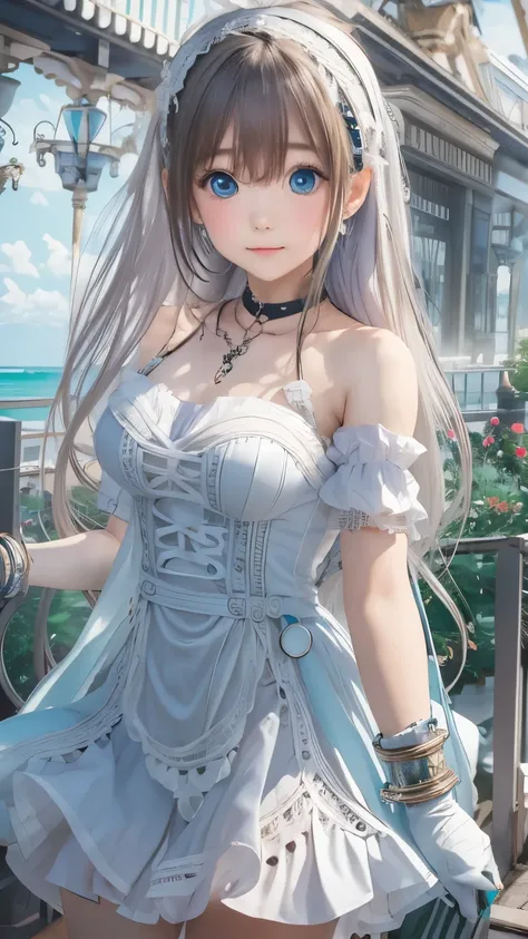 ((highest quality)), ((masterpiece)), ((1 girl)), alone, ferry, ((long hair)), ferryBase, ((Thighhighs)), bare shoulders, ((jewelry)), ((No sleeve)), white dress, blue skirt, ((gloves)), thigh height,