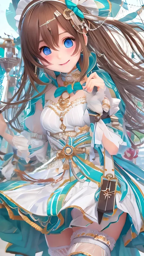 detailed face, cute face,brown eye, ((highest quality)), ((masterpiece)), ((1 girl)), alone, ferry, ((long hair)), ferryBase, ((Thighhighs)), bare shoulders, ((jewelry)), ((No sleeve)), white dress, blue skirt, ((gloves)), thigh height,