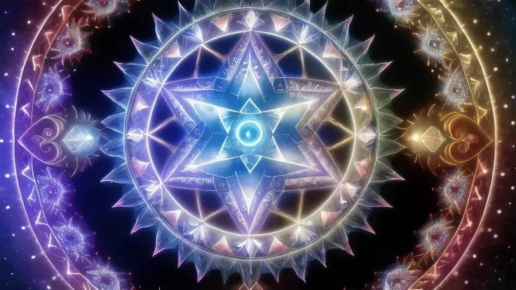 a circular image of a star with a blue center surrounded by stars, geometry and astrology, astral appearance, sacred geometry, intricate galactic designs, sacred fractal structures, epic shamanic dmt art, galactic dmt entity, visionary art style, overlaid ...