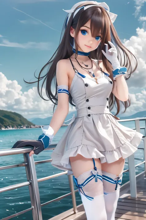 detailed face, cute face,brown eye, ((highest quality)), ((masterpiece)), ((1 girl)), alone, ferry, ((long hair)), ferryBase, ((Thighhighs)), bare shoulders, ((jewelry)), ((No sleeve)), white dress, blue skirt, ((gloves)), thigh height,