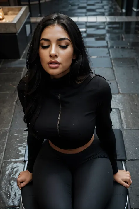 Arabic Woman, beautiful, sexy girl, ultra realistic, young woman, very large bust, large ass, big bouncy ass, busty, very sexy, Alluring, Tempting, Moody street setting, high camera angle, Dramatic portrait style, skinny curvy, very big bust, huge breasts,...