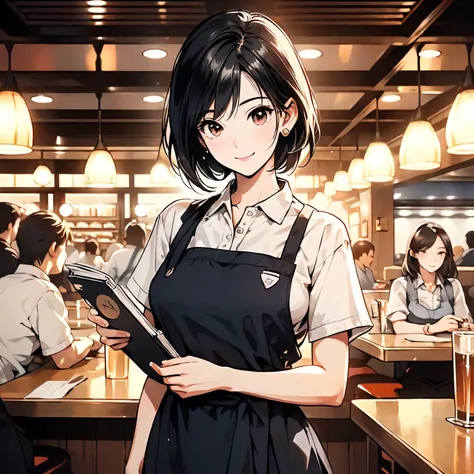 A short black hair，Waitress in waitress costume，Standing in a crowded restaurant，Holding a menu book in hand，Smiling emoticon（Upper body display：1.5）（cinematic lighting：1.5）)(ultra-high detail:1.5)(best quality:1.5)