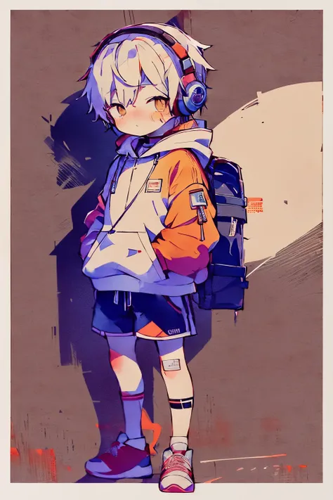 (masterpiece:0.8),best quality,8K,1boy,male focus,solo,fholding_ball,shorts,headphones,(chibi:1.1),bag,shoes,brown eyes,white hair,full body,bandaid,male child,looking at viewer,orange backpack,hood,standing,white,shade,shirt,background sneakers,open jacke...