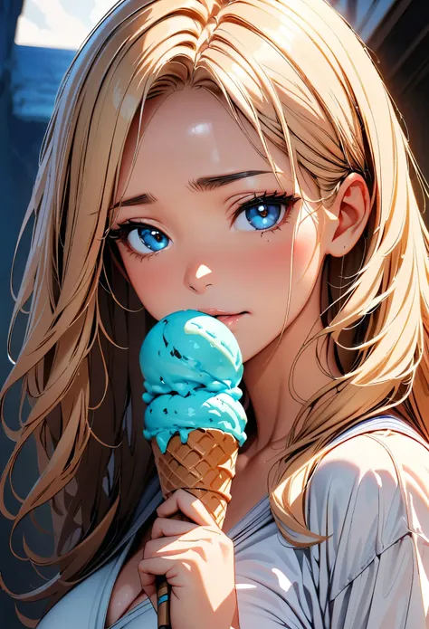 (high quality, 8k, 4K, High Detail, High Contrast, masterpiece:1.2, 最high quality, Best aesthetics), ((1 female)), looking at the camera, Clear Face, Delicate facial features, Real Skin Glow, pretty girl, shy, To the camera, holding an ice cream, ice cream...