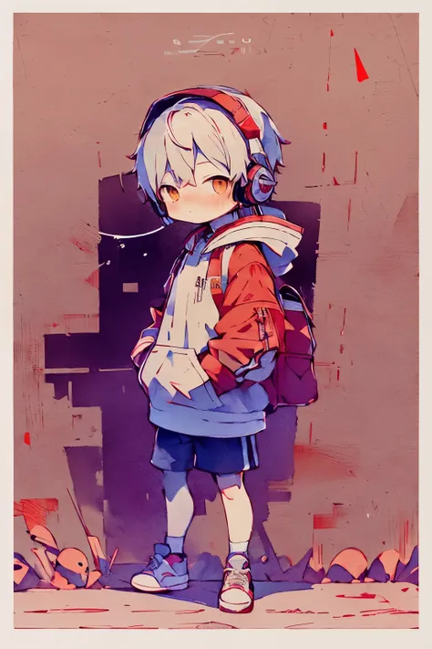 (masterpiece:0.8),best quality,8K,1boy,male focus,solo,fholding_ball,shorts,headphones,(chibi:1.1),bag,shoes,brown eyes,white hair,full body,bandaid,male child,looking at viewer,orange backpack,hood,standing,white,shade,shirt,background sneakers,open jacke...