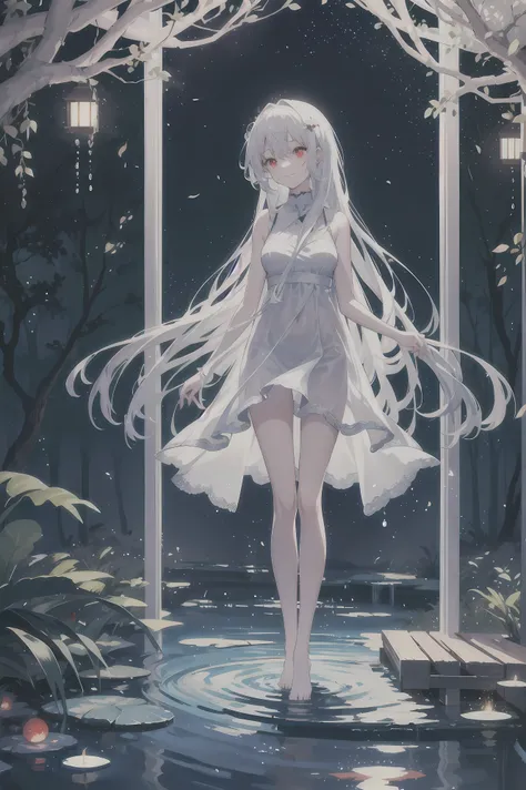 Dreamy and beautiful moonlight in the dark forest。View of a 15-year-old girl from above。(wet silver hair and red eyes)。smile slightly。She wore only a long transparent white cloth with beautiful lace trim。Soak the cloth in water。(splashing in the dark fores...