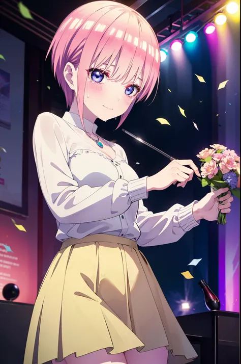 ichikanakano, ichika nakano, short hair, bangs, blue eyes, Hair between the eyes, smile,Pink Hair,,smile,blush,白色No sleeveドレス,Long skirt,White stiletto heels,No sleeve,naked,nakedの腕,nakedの首,nakedの鎖骨,holding a large bouquet of flowers in each hand,Locket Ne...