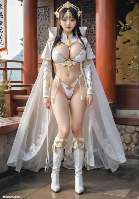 She looks like a very slutty girl,full body xianxia, Princess Diaoman, Sexy Gold Bikini Armor，Long-legged girl，Put on your boots，White boots，Huge breasts，Put on your hat，fantasy服装, Put on a priest&#39;s cloak, pink cloak, lace cape，穿着fantasy服装, Standing on...