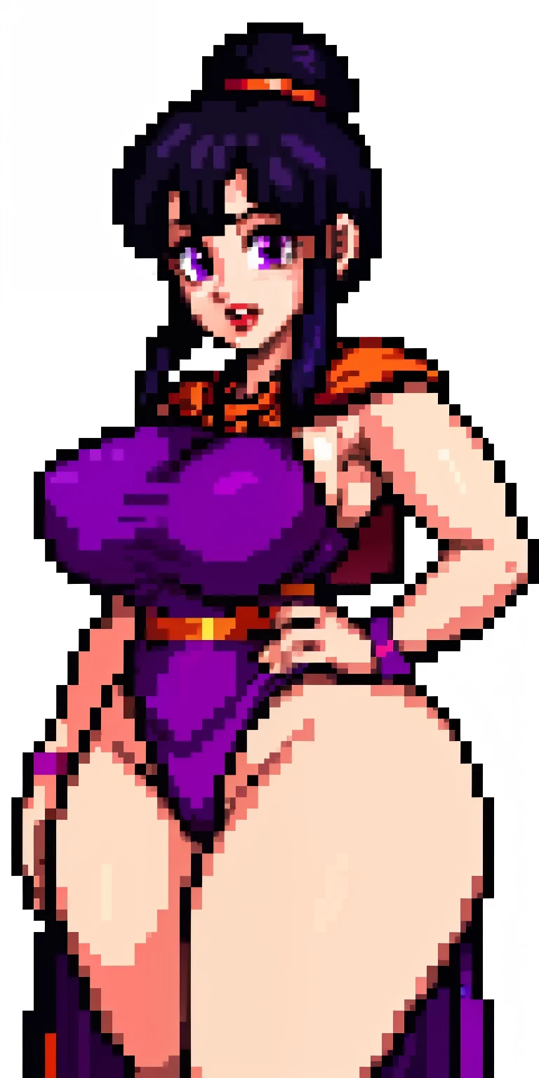 chichi_dbz, nsfw, pixelart, pixel art, red bimbo lips, beautiful eyes, inside_her_house_dbz, purple eyes, standing, solo, large_breasts, Purple_Dress_Orange_Neckerchief, masterpiece, best quality, detailed face, detailed eyes, highres, big breasts, biggest...