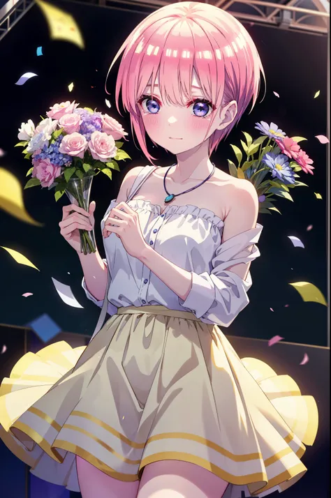 ichikanakano, ichika nakano, short hair, bangs, blue eyes, Hair between the eyes, smile,Pink Hair,,smile,blush,白色No sleeveドレス,Long skirt,White stiletto heels,No sleeve,naked,nakedの腕,nakedの首,nakedの鎖骨,holding a large bouquet of flowers in each hand,Locket Ne...