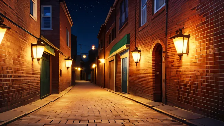 background,Orange streetlight,night,Brick Building,Brick road,Alley