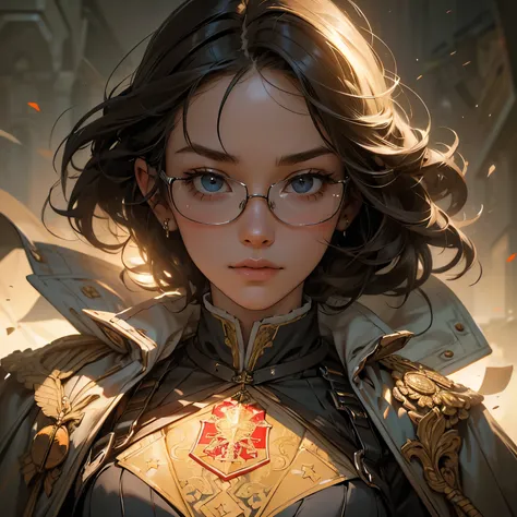 Beautiful portrait of Hengiet, 1girll, Solo, Jacket, Glasses, Cape, paradis_Military_uniform, voluminetric lighting, Best quality, Masterpiece, Intricate details, Tone-mapping, Sharp focus, ultra - detailed, trending on artstationh,