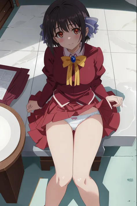 1girl in,Sitting,From above,Looking at Viewer,Tomomi_Xijing, bow ribbon, Short hair, ,red ,Winter clothes,Long sleeves,Panties,Perfect Lighting,1girl in,, up skirt,Best Quality,Skirt lift,up skirt,,Smile,blush,anime screen cap,Flat color,cel shading,((tuck...