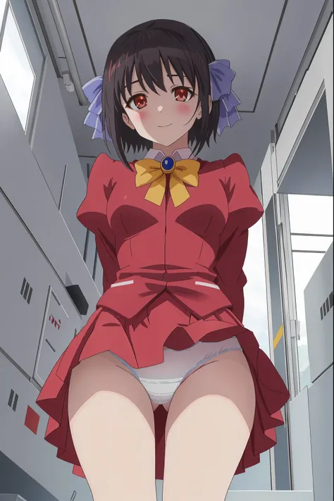 1girl in,Sitting,From below,Looking at Viewer,Tomomi_Xijing, bow ribbon, Short hair, ,red ,Winter clothes,Long sleeves,Panties,Perfect Lighting,1girl in,, up skirt,Best Quality,Skirt lift,up skirt,,Smile,blush,anime screen cap,Flat color,cel shading,((tuck...