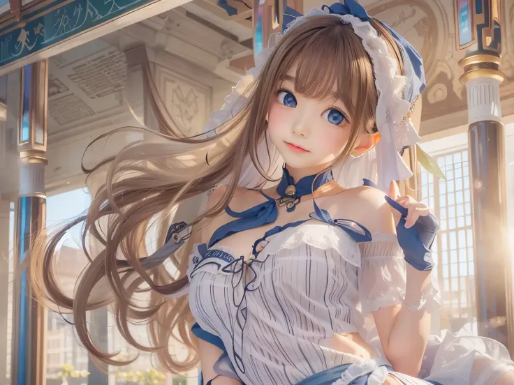 detailed face, cute face,brown eye, ((highest quality)), ((masterpiece)), ((1 girl)), alone, ferry, ((long hair)), ferryBase, ((Thighhighs)), bare shoulders, ((jewelry)), ((No sleeve)), white dress, blue skirt, ((gloves)), thigh height,