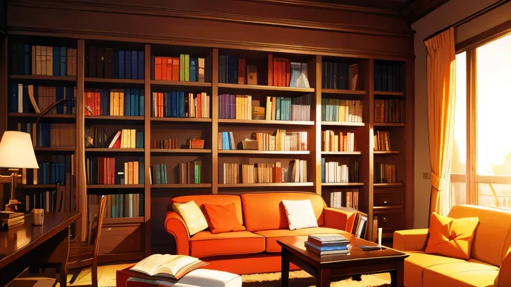 background,Study,There are many books,Bookshelf,White sofa,orange illumination