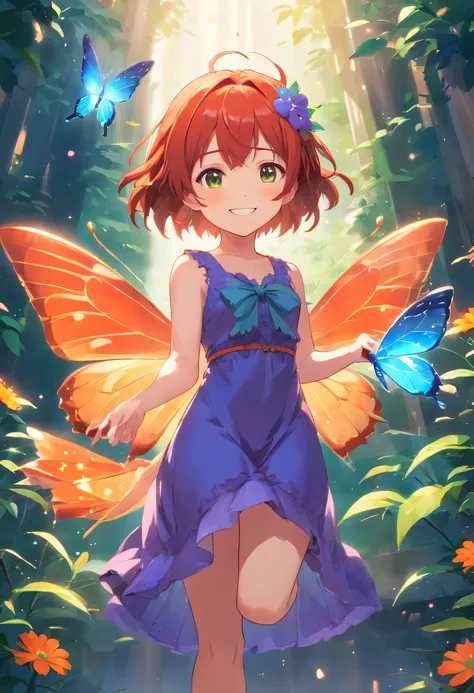 8k, masterpiece, highly detailed, cute chibi girl, full body, short hair, smiling AND red hair,
AND orange victorian dress,
AND green flower dress,
AND purple butterfly dress,
AND blue bioluminescent dress